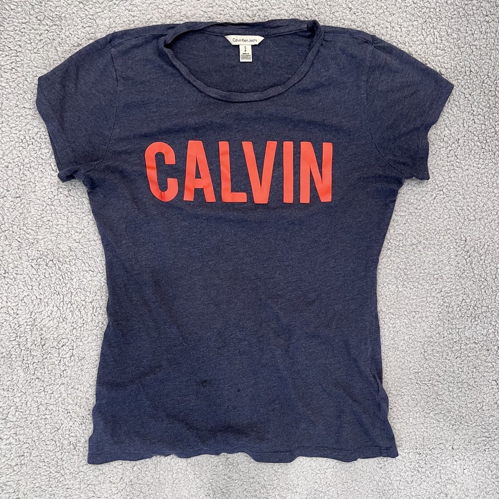 Calvin‎ Klein Shirt Womens Small Short Sleeve Blue Red Casual Minimal Tee
